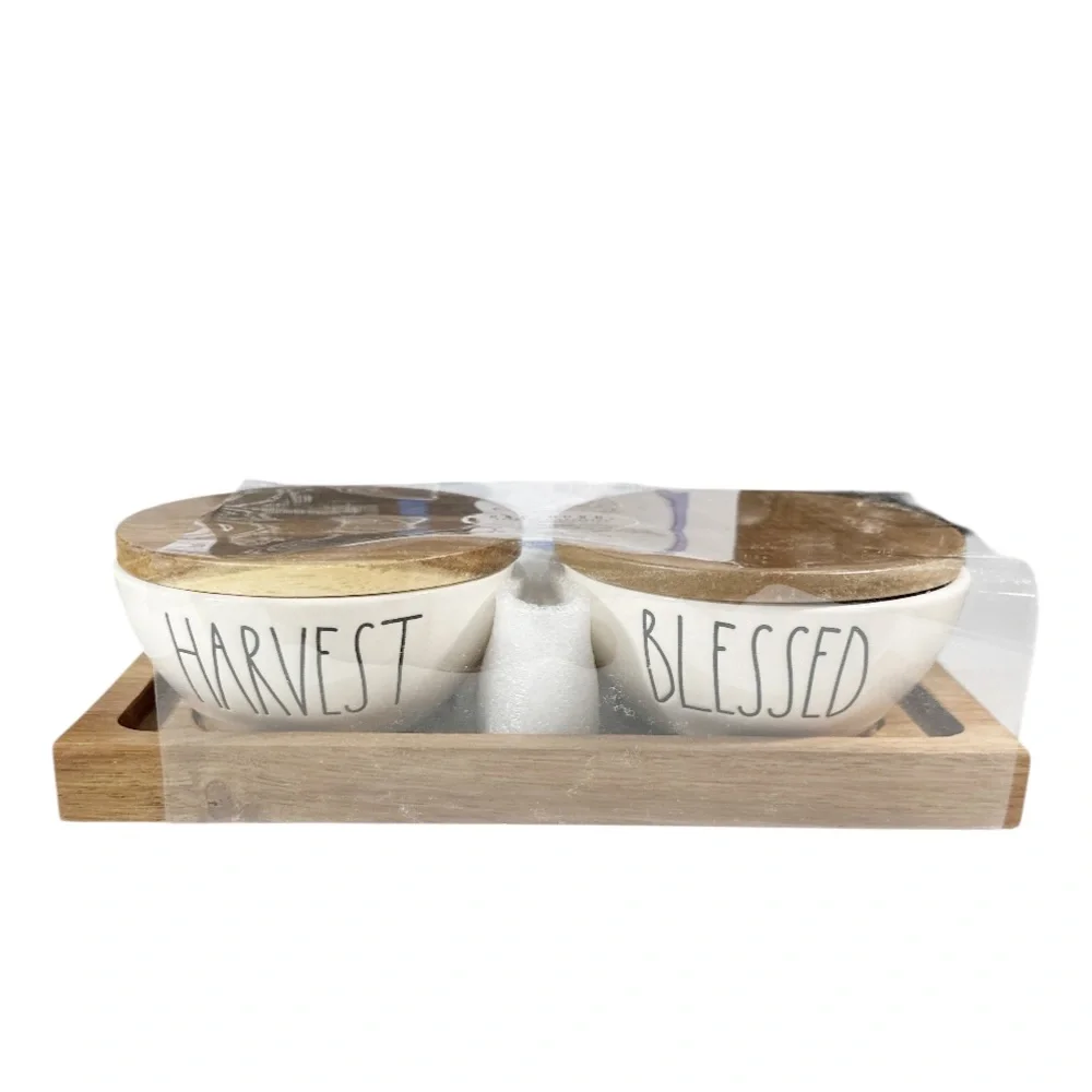 NEW Rae Dunn HARVEST & BLESSED PINCH BOWL SET with Wooden Lid and Serving Tray - Picture 2 of 4